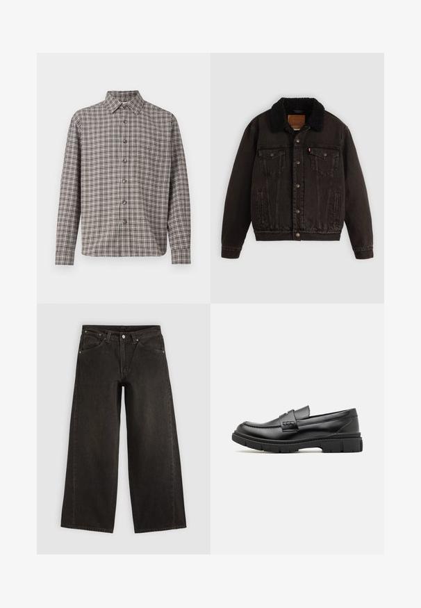 Sort denimjakke med sherpa-fór i kraven, forlommer og metalknapper. Har et klassisk design og struktureret materiale.; Brun og creme plaid skjorte med knap-ned krave, lange ærmer og frontknapper; lavet af struktureret stof.; Sorte vidbenede denimjeans med forlommer, knaplukning og bæltestropper, vist fladt på en lys baggrund.; Sort læder loafersko med en bred rem over forfoden, gummisål med tykke mønstre og glat overflade. Klassisk, slankt design.