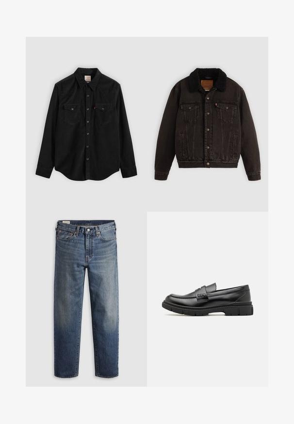 Chaqueta de mezclilla negra con cuello forrado en sherpa, bolsillos frontales y botones metálicos. Presenta un diseño clásico y un material texturizado.; Camisa de pana negra con mangas largas, cierre de botones, dos bolsillos en el pecho y cuello puntiagudo. Tejido texturizado con un acabado suave.; Vaqueros de mezclilla azul oscuro con un ajuste relajado, piernas rectas, diseño de cinco bolsillos y un sutil desvanecimiento en los muslos. Botón y remaches plateados.; Mocasin de cuero negro con una cinta ancha en el empeine, suela de goma con tacos gruesos y textura suave. Diseño clásico y elegante.