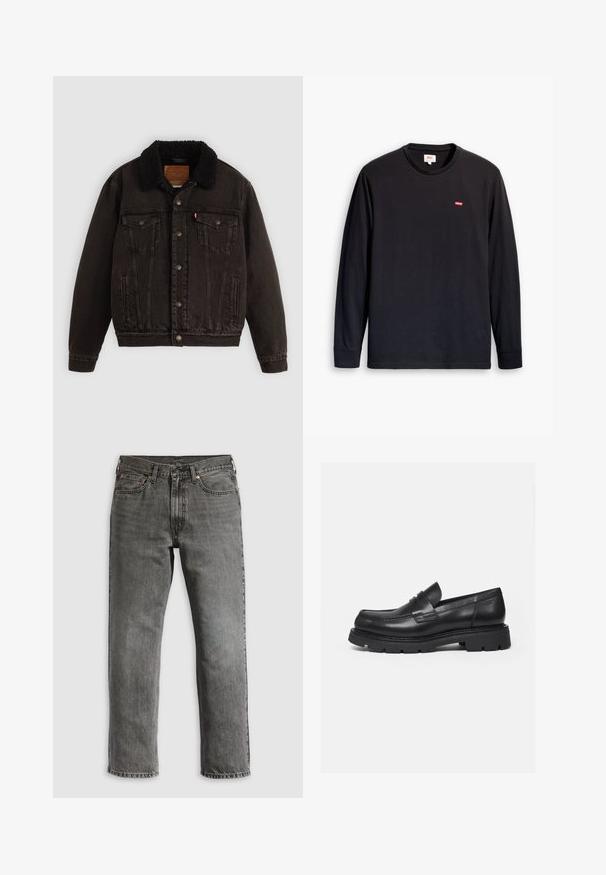 Zwarte denim jas met een sherpa-gefôrdede kraag, voorzakken en metalen knopen. Bevat een klassiek ontwerp en gestructureerd materiaal.; Zwart T-shirt met lange mouwen gemaakt van katoen. Heeft een ronde halslijn en een klein rood logo op de borst. Soepele textuur, standaard pasvorm.; Grijze denim jeans met een rechte pijp, voorzien van vijf zakken, koperen klinknagels en zichtbare stiksels. Klassiek ontwerp met een ritssluiting.; Zwarte leren loafer met dikke geribbelde zool en pennyriemdetail, getoond in rechter zijprofiel op witte achtergrond.