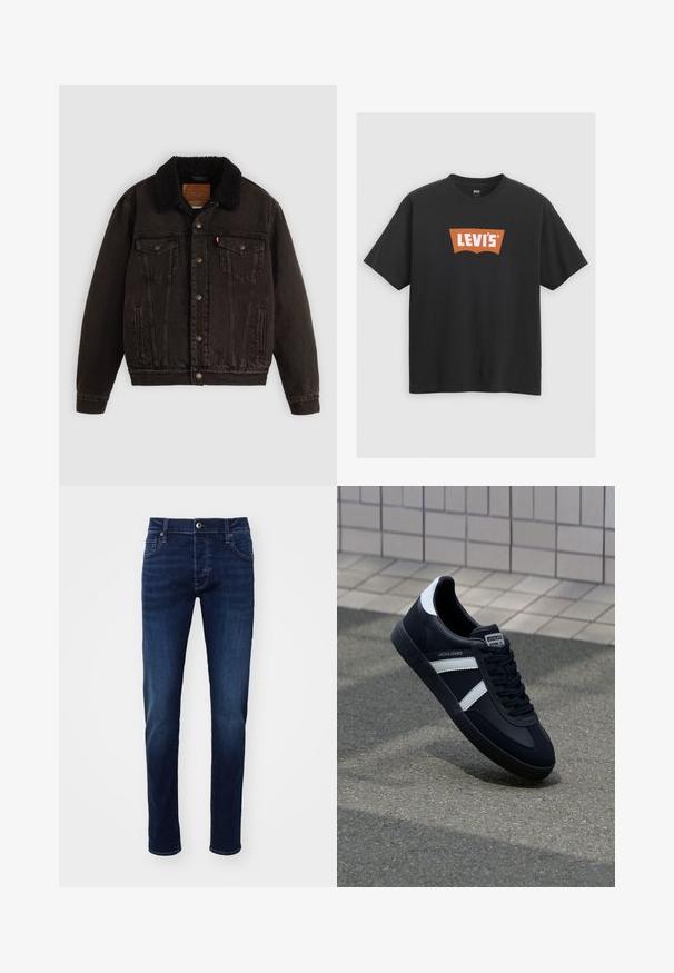 Schwarze Jeansjacke mit einem mit Sherpa gefütterten Kragen, Fronttaschen und Metallknöpfen. Hat ein klassisches Design und ein strukturiertes Material.; Schwarzes Baumwoll-T-Shirt mit einem großen orangen Levi's-Logo auf der Vorderseite, kurzen Ärmeln und einem Rundhalsausschnitt.; Dunkelblaue Slim-Fit Denim-Jeans mit Knopf vorne, Taschen, Gürtelschlaufen und dezenten Ausbleichungen an den Beinen.; Schwarze Leder-Sneaker mit weißen Streifen, strukturiertem Gummisohle und Schnürung. Verfügt über ein Markenetikett auf der Zunge.
