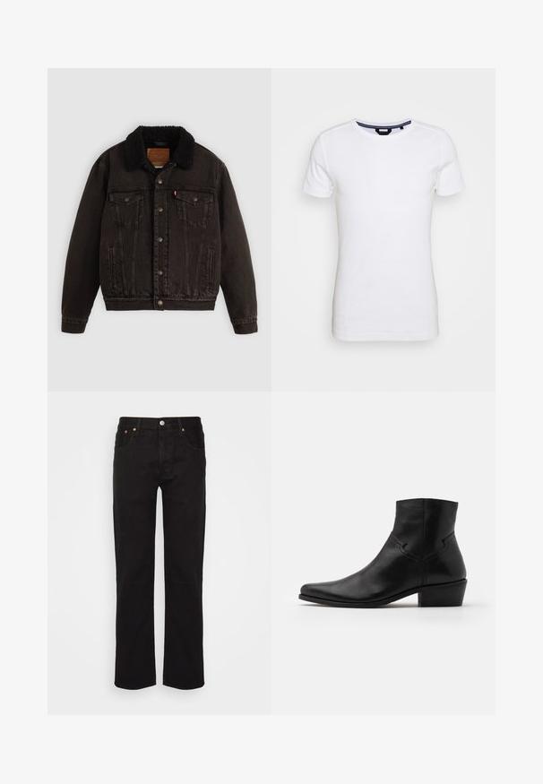 Schwarze Jeansjacke mit einem mit Sherpa gefütterten Kragen, Fronttaschen und Metallknöpfen. Hat ein klassisches Design und ein strukturiertes Material.; Lindbergh T-Shirt basic - white; Schwarze gerade geschnittene Jeans aus Baumwolle. Verfügt über fünf Taschen, einen Metallknopf und orangefarbene Nähte an der Vorderseite.; Schwarze Leder-Ankle-Boots mit spitzer Zehenpartie, minimalen Nähdetails, einem mittelhohen Blockabsatz und einer glatten, polierten Oberfläche.