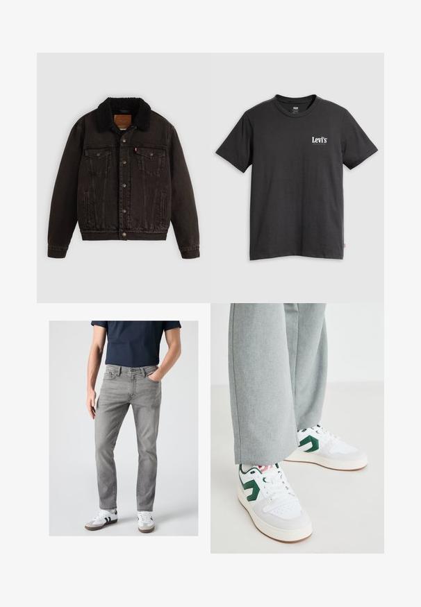 Schwarze Jeansjacke mit einem mit Sherpa gefütterten Kragen, Fronttaschen und Metallknöpfen. Hat ein klassisches Design und ein strukturiertes Material.; Schwarzes Baumwoll-T-Shirt mit kurzen Ärmeln, Rundhalsausschnitt und weißem "Levi's"-Logo auf der linken Brust. Weiche Textur, legerer Schnitt.; Mann trägt graue Slim-Fit-Jeans, weiße Sneaker mit schwarzen Streifen und ein dunkelblaues kurzärmeliges Hemd, steht mit einer Hand in der Tasche.; Weiße und grüne Sneakers aus glattem Leder und Wildleder, mit einem auffälligen grünen Logo-Akzent und weißen Schnürsenkeln. Graue Hosen sind teilweise sichtbar.