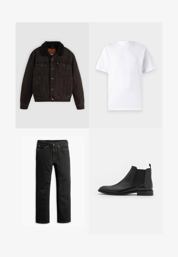 Schwarze Jeansjacke mit einem mit Sherpa gefütterten Kragen, Fronttaschen und Metallknöpfen. Hat ein klassisches Design und ein strukturiertes Material.; Weißes kurzärmeliges T-Shirt aus Baumwolle mit Rundhalsausschnitt, das eine glatte Textur und ein einfaches Design ohne Muster oder Akzente aufweist.; Schwarze Jeans im geraden Schnitt mit fünf Taschen, Gürtelschlaufen und einem Knopfverschluss an der Taille, flach auf einem weißen Hintergrund ausgelegt.; Schwarze Leder-Chelsea-Stiefel mit elastischen seitlichen Riemen, einer abgerundeten Kappe und einem niedrigen Absatz. Glatte Textur mit minimalistischer Gestaltung.