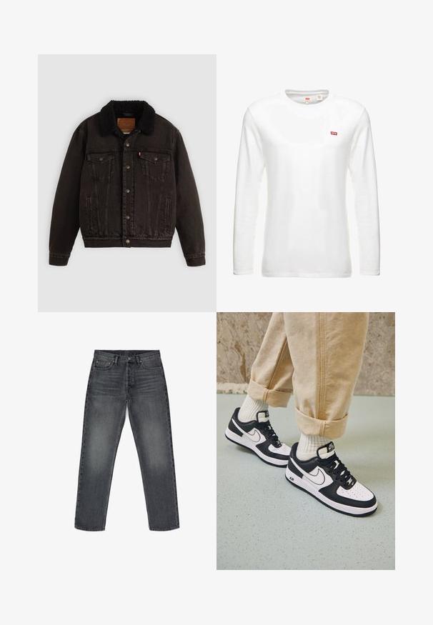 Sort denimjakke med sherpa-fór i kraven, forlommer og metalknapper. Har et klassisk design og struktureret materiale.; Hvid langærmet t-shirt lavet af bomuld, med en rund halsudskæring og et lille rødt Levi's logo på brystet. Enkel, klassisk design.; Grå denimbukser med lige pasform, der har fem lommer, en knaplukning og en diskret falmede effekt. Forstærkede sømme og kobberdetaljer.; Sorte og hvide Nike Air Force 1 sneakers med læderoverdel, perforeret tå og tekstureret såldetalje, båret med rullede beige bukser og hvide sokker.