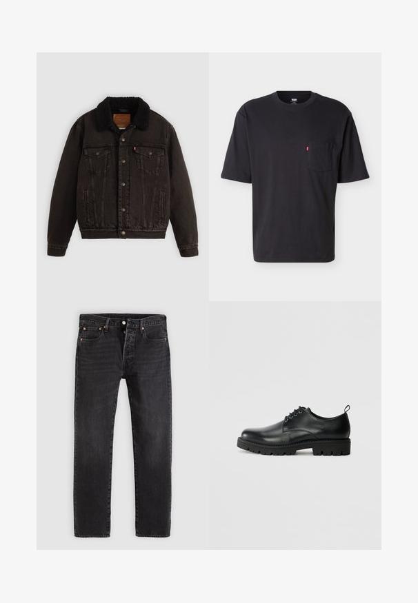 Veste en denim noire avec un col en sherpa, poches avant et boutons en métal. Présente un design classique et un matériau texturé.; T-shirt noir à manches courtes et col rond avec poche poitrine et petite étiquette logo rouge Levi's sur la poche, sur fond clair uni.; Jean en denim noir à coupe droite, avec deux poches avant, une poche à monnaie et des rivets en métal. Design classique à cinq poches.; Chaussure en cuir noir à bout arrondi, présentant un design à lacets, une semelle en caoutchouc noire robuste et un petit onglet de talon à l'arrière.