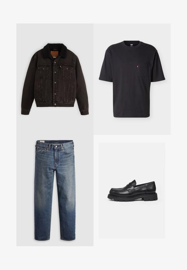 Schwarze Jeansjacke mit einem mit Sherpa gefütterten Kragen, Fronttaschen und Metallknöpfen. Hat ein klassisches Design und ein strukturiertes Material.; Schwarzes T-Shirt mit kurzem Arm, Rundhalsausschnitt und Brusttasche mit kleinem rotem Levi's-Logo-Tab an der Tasche vor einfachem hellem Hintergrund.; Dunkelblaue Jeans aus Denim mit lockerem Sitz, geraden Beinen, Fünf-Taschen-Design und dezentem Used-Look an den Oberschenkeln. Silberner Knopf und Nieten.; Schwarzer Lederloafer mit dicker, profilierter Sohle und Pennyriemen-Detail, von der rechten Seitenansicht auf weißem Hintergrund gezeigt.