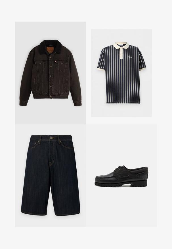 Schwarze Jeansjacke mit einem mit Sherpa gefütterten Kragen, Fronttaschen und Metallknöpfen. Hat ein klassisches Design und ein strukturiertes Material.; Marineblaues Poloshirt mit dünnen weißen vertikalen Streifen, weißem Kragen, Drei-Knopf-Leiste und kleinem weißem gesticktem Logo auf der Brust.; Dunkelblaue Denim-Shorts mit geradem Schnitt, ausgestattet mit gelben Nähten, fünf Taschen und einem vorderen Knopfverschluss. Glatte Textur.; Schwarzer Schuh mit einem Obermaterial aus Leder, textilen Akzenten, runden Schnürsenkeln und einer strukturierten Gummisohle. Verfügt über Mokassin-Nähte und eine Markeninschrift.