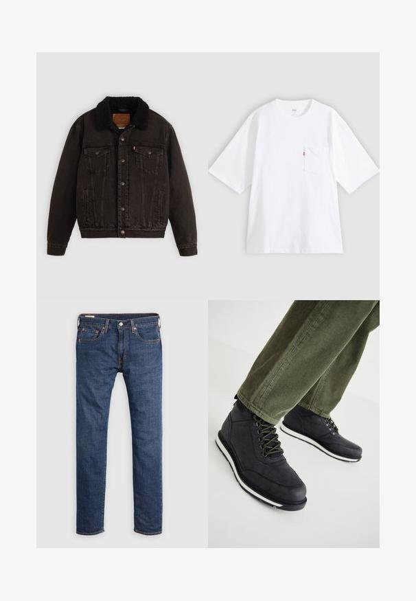 Veste en denim noire avec un col en sherpa, poches avant et boutons en métal. Présente un design classique et un matériau texturé.; T-shirt en coton blanc à manches courtes, col rond et poche poitrine gauche. Comprend une petite étiquette logo rouge sur la poche.; Jeans en denim bleu foncé avec une coupe droite. Comprennent des poches avant, une fermeture par bouton en métal et des surpiqûres jaunes contrastantes.; Bottes noires à lacets en matériau texturé, présentant des lacets verts et une semelle en caoutchouc blanche. Portées avec un pantalon en velours côtelé vert olive.