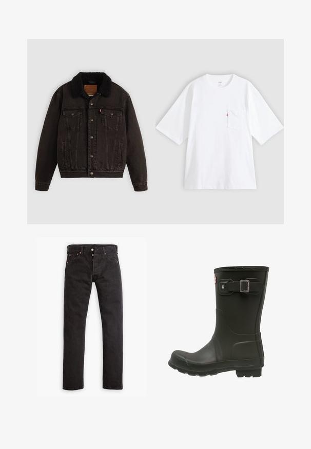 Mustha denim jope, mille on sherpa vooder kaeluses, ees taskud ja metallnupud. Omab klassikalist disaini ja tekstureeritud materjali.; Valge puuvillane T-särk, lühikeste varrukatega, ümara kaelusega ja vasakul rinnataskuga. Taskul on väike punane logo silt.; Mustad slim-fit teksad nöppu eest, viie tasku ja vaskrööbastega, asetatud lamades valgele taustale.; Mustad mustarain, ümmarguse varbaga, ülemises osas sangaga ja tekstureeritud tallaga, et tagada haarduvus.