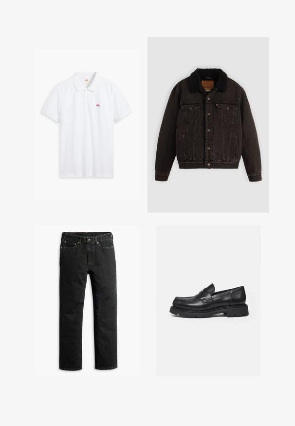 Schwarze Jeansjacke mit einem mit Sherpa gefütterten Kragen, Fronttaschen und Metallknöpfen. Hat ein klassisches Design und ein strukturiertes Material.; Weißes Poloshirt aus Baumwolle. Verfügt über eine Knopfleiste mit drei Knöpfen, kurze Ärmel und ein kleines rotes Levi's-Logo auf der linken Brust.; Schwarze Jeans im geraden Schnitt mit fünf Taschen, Gürtelschlaufen und einem Knopfverschluss an der Taille, flach auf einem weißen Hintergrund ausgelegt.; Schwarzer Lederloafer mit dicker, profilierter Sohle und Pennyriemen-Detail, von der rechten Seitenansicht auf weißem Hintergrund gezeigt.