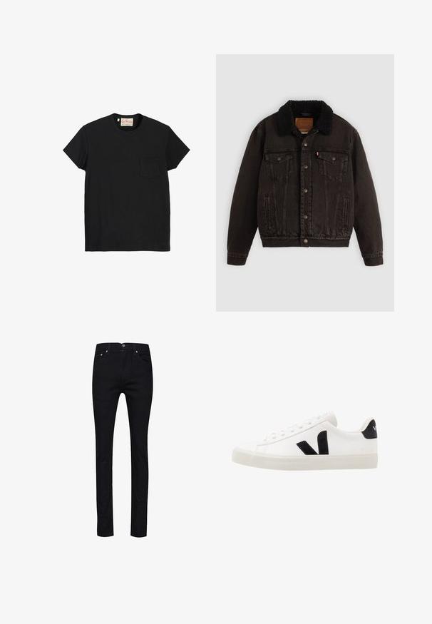 Schwarze Jeansjacke mit einem mit Sherpa gefütterten Kragen, Fronttaschen und Metallknöpfen. Hat ein klassisches Design und ein strukturiertes Material.; Schwarzes Baumwoll-T-Shirt mit Rundhalsausschnitt, kurzen Ärmeln und einer Brusttasche auf der linken Seite. Glatte Textur und minimalistisches Design.; Schwarze Jeans aus Denim mit geradem Schnitt, fünf Taschen, Metallknöpfen und einer einzelnen Gesäßtasche mit Ziersteppung.; Weiße Leder-Sneaker mit schwarzen Wildlederelementen; verfügen über eine Gummisohle, eine runde Spitze und ein klassisches Schnürdesign. Seitliches Logo in Schwarz.