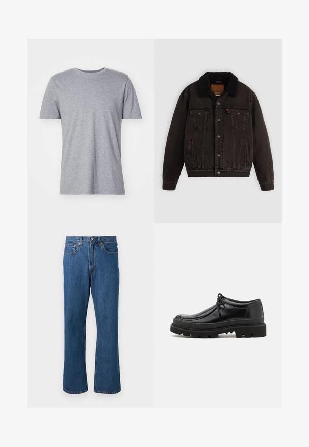 Schwarze Jeansjacke mit einem mit Sherpa gefütterten Kragen, Fronttaschen und Metallknöpfen. Hat ein klassisches Design und ein strukturiertes Material.; Graues, kurzärmliges T-Shirt aus einem Baumwollmischgewebe, das über einen klassischen Rundkragen verfügt und eine glatte, weiche Textur aufweist.; Blaue gerade geschnittene Jeans aus Denim mit vorderem Knopf und Reißverschluss, fünf Taschen und orangefarbenen Nahtdetails auf einfarbigem Hintergrund.; Schwarze Leder-Derby-Schuhe mit einem eleganten Design, runder Zehenpartie und rutschfester Gummisohle mit tiefen Rillen für besseren Halt.