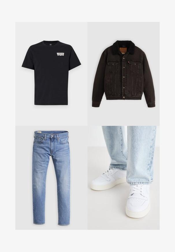 Zwarte denim jas met een sherpa-gefôrdede kraag, voorzakken en metalen knopen. Bevat een klassiek ontwerp en gestructureerd materiaal.; Zwarte katoenen T-shirt met korte mouwen, ronde hals en een klein wit Levi's-logo aan de voorkant links.; Lichtblauwe spijkerbroek met knoopsluiting aan de voorkant, riemlussen en een ontwerp met vijf zakken, weergegeven tegen een witte achtergrond.; Witte leren lage sneakers met geperforeerde neus, platte veters en een minimalistisch ontwerp. Gecombineerd met lichtblauwe denim jeans.