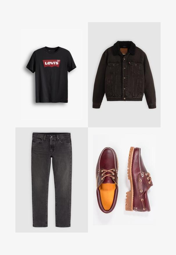 Sort denimjakke med sherpa-fór i kraven, forlommer og metalknapper. Har et klassisk design og struktureret materiale.; Sort bomulds t-shirt med rund hals. Har et stort rødt Levi's logo på en hvid baggrund og et lille rødt mærke på den nederste side.; Sort denim jeans med lige ben, knap- og lynlåslukning, for- og baglommer samt bæltestropper.; Bordeaux lædersko med brune gummisåler, rund tå, hvid syning og gyldne snøringer. Indersiden har et gult for.