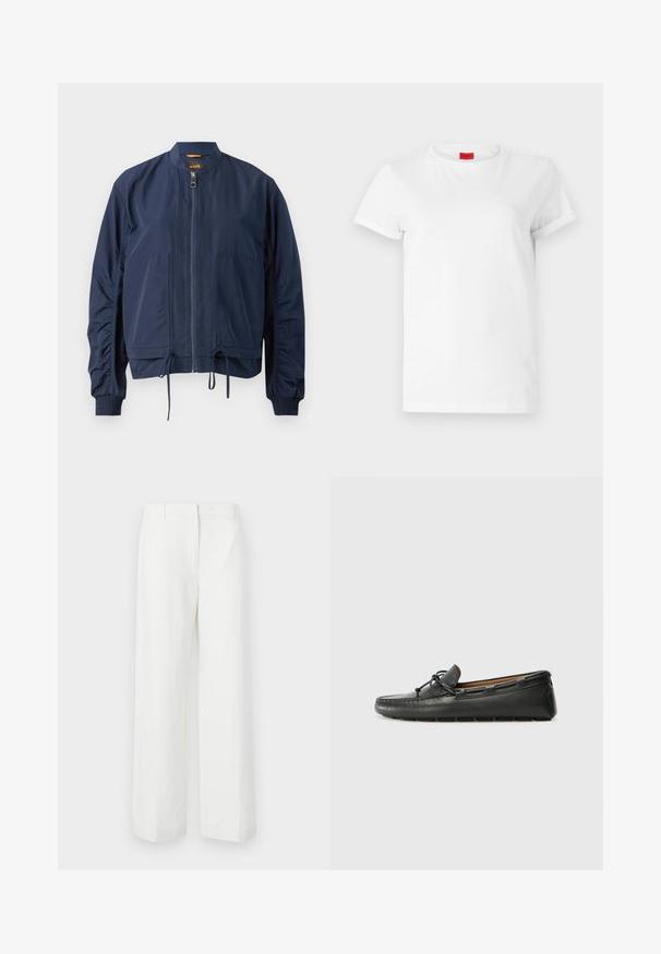 Veste de bombardier navy en tissu léger. Dotée d'une fermeture éclair intégrale, de poignets élastiques, d'un ourlet à cordon de serrage et de deux poches avant. Design simple.; T-shirt blanc à manches courtes en coton léger. Présente un col rond et des manches retroussées. Étiquette logo rouge sur le col.; Pantalons blancs à jambes larges avec une texture lisse, présentant un devant plat et des plis marqués. Fabriqués en tissu léger, sans motifs visibles.; Bateau en cuir noir avec un bout arrondi, des détails de couture, un petit accent en nœud et une semelle en caoutchouc. Texture lisse et design épuré.