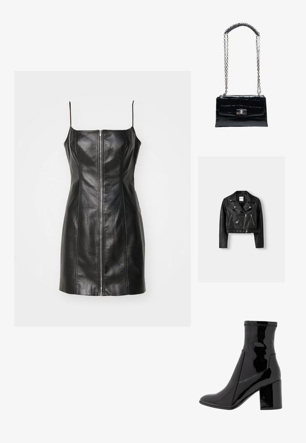 Veste de moto noire en cuir coupée avec des zips en argent, des rabats de poche en diagonale et une ceinture à la taille. Texture lisse et col pointu.; Robe sans manches en cuir noir avec une silhouette ajustée, fermeture éclair à l'avant et détails de couture verticaux. Texture lisse. Longueur courte.; Bottine noire en vernis avec une texture lisse, bout pointu et un talon bloc structuré. Caractérisée par un design sans fermeture éclair et des coutures contrastées.; Sac à main en cuir noir à texture crocodile avec fermoir à verrou argenté et longue chaîne argentée avec patte d'épaule en cuir.