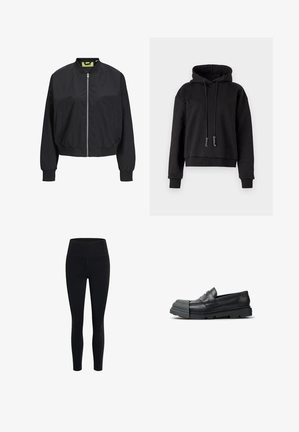 Sort bomberjakke med lynlås foran, ribbede manchetter og talje. Har sidelommer og en kontrasterende indvendig label. Glat stofstruktur.; Sort cropped hoodie lavet af blødt stof, med snoretræk i huen, lange ærmer og ribbede manchetter ved kanten og ærmerne.; Girlfriend Collective FLOAT HIGH RISE LEGGING 7/8 - Tights - black; Sort læder loafer med chunky riffelgummisål og forlænget beskyttende tåkappe, vist fra ydersiden på hvid baggrund.