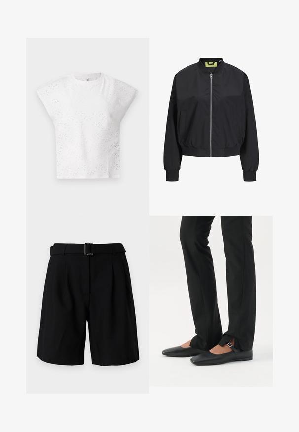 Veste bomber noire avec fermeture éclair sur le devant, poignets et taille côtelés. Dotée de poches latérales et d'une étiquette intérieure contrastante. Texture de tissu lisse.; Top blanc à manches courtes avec un design en œillets texturés, des épaules structurées et un col rond. Tissu léger.; Shorts noirs ajustés avec une texture lisse, dotés d'une large taille et d'un détail en boucle en métal. Design structuré et plissé à l'avant.; Jambes vêtues d’un pantalon slim noir avec des fentes à l’avant de l’ourlet, assorties à des chaussures plates Mary Jane noires avec une petite bride à boucle.