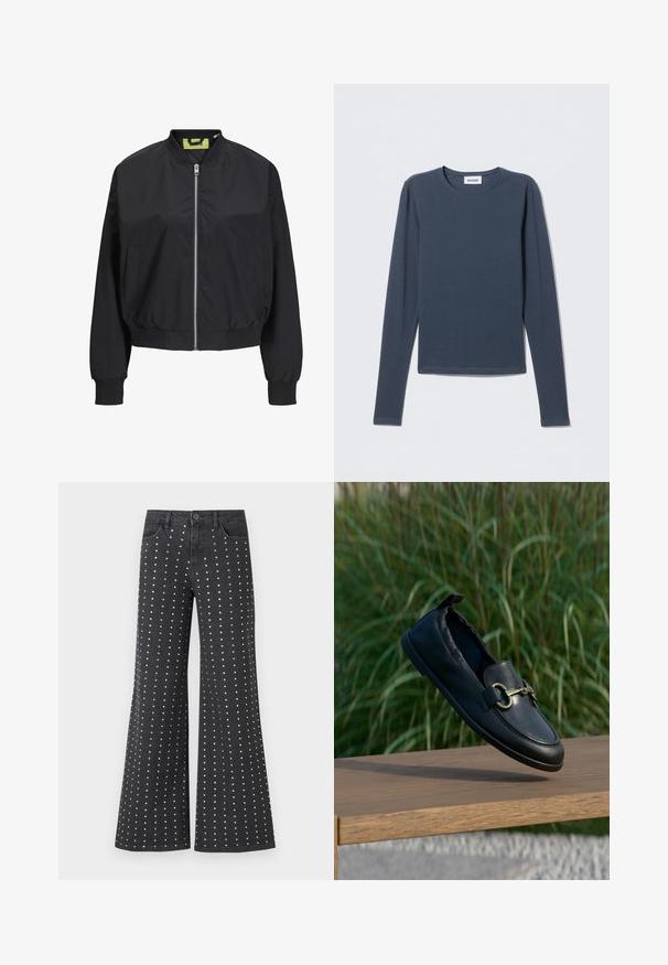 Veste bomber noire avec fermeture éclair sur le devant, poignets et taille côtelés. Dotée de poches latérales et d'une étiquette intérieure contrastante. Texture de tissu lisse.; Chemise à manches longues bleu marine, en coton doux. Elle présente un col rond et un design simple et basique, sans motifs ni accents.; Jean flare noir en denim avec un motif de petites clous en argent disposés verticalement. Comprend cinq poches et une fermeture à bouton.; Mocassin en cuir noir avec détail en métal doré flottant au-dessus d'un banc en bois, fond d'herbe verte.