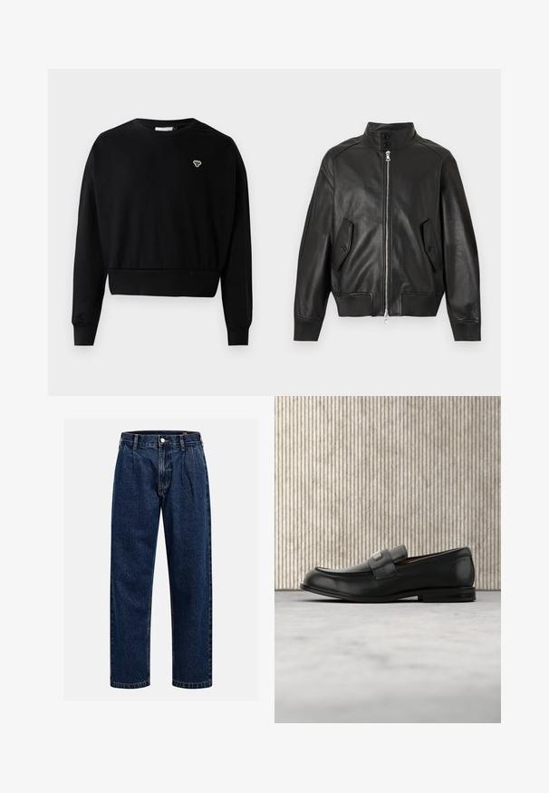 Schwarze Lederjacke mit hohem Kragen, Frontreißverschluss, zwei mit Knöpfen verschließbaren Klappentaschen, gerippten Bündchen und geripptem Saum.; Schwarzer, kürzer geschnittener Pullover mit Rundhalsausschnitt, langen Ärmeln und kleinem, gesticktem Logo auf der Brust, aus einem weichen Baumwollgemisch gefertigt.; Dunkelblaue Denim-Jeans mit geradem Bein. Mit sichtbaren Nähten, einem Knopfverschluß und Frontfalten für zusätzliche Details.; Schwarzer Lederloafer mit einer Metallmarkenplatte, der nahe einem braunen runden Tisch auf beigem Teppichboden ruht.