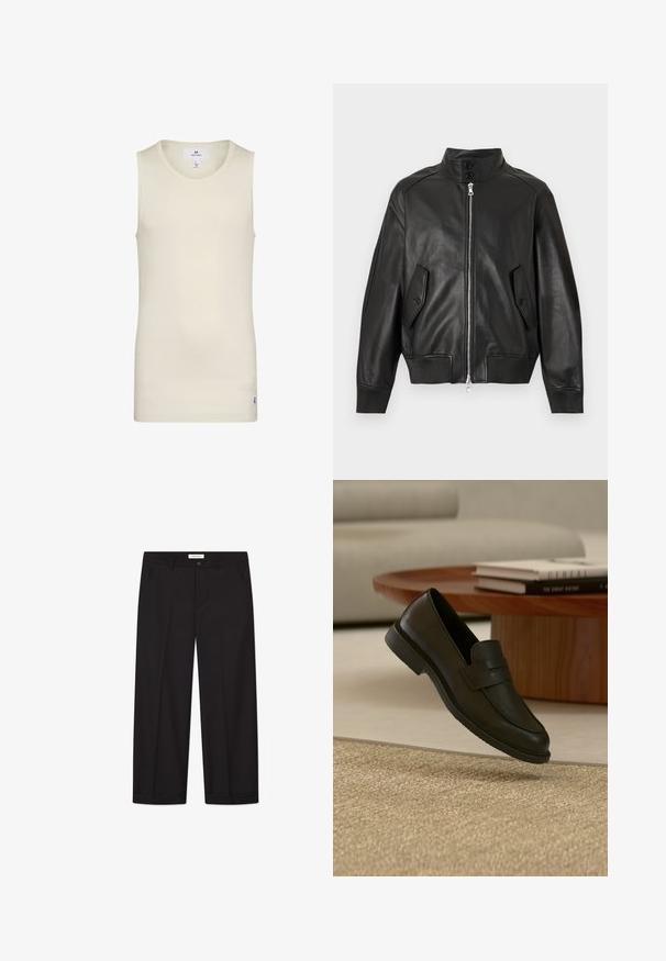 Sort læderjakke med høj krave, foran lynlås, to knaplukkelommer med klap, ribstrikkede manchetter og ribstrikket kant.; Lys beige sansærmet top lavet af ribbet stof med rund halsudskæring og et lille label ved kanten. Enkel og tætsiddende design.; Sorte bredde-ben bukser lavet af glat stof. Har en knap- og lynlåslukning, to forreste lommer og en skarp kant.; Sort læderloafer vist i luften over en beige vævet tæppe, med et træbord og stablede bøger i et blødt oplyst stue.