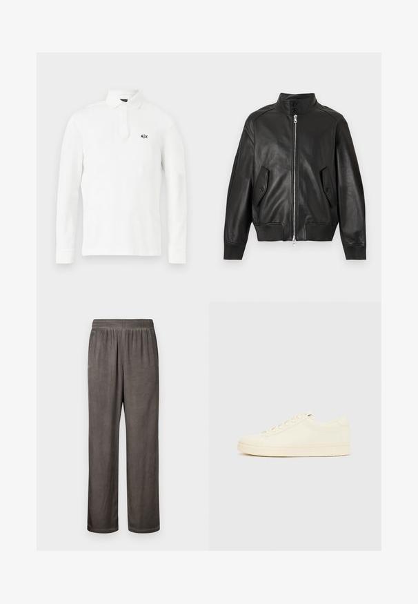 Veste en cuir noire avec col montant, fermeture éclair devant, deux poches à rabat boutonnées, poignets côtelés et ourlet côtelé.; Polo shirt blanc à manches longues en coton, avec un col à boutons et un petit logo noir sur la poitrine gauche. Design simple sans motifs.; Pantalon ample en daim gris foncé avec une ceinture élastique et des poches latérales, présenté à plat sur un fond blanc.; Baskets couleur crème avec une tige en cuir lisse, bout arrondi, laçage à l'avant et semelle en caoutchouc texturée. Design minimaliste, sans logo.