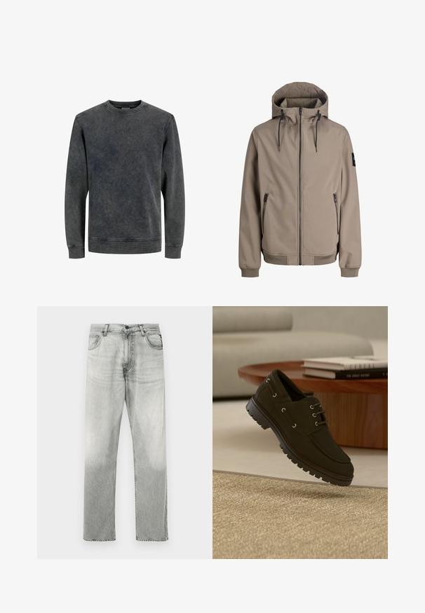 Veste à capuche beige avec fermeture éclair à l'avant, cordons sur la capuche, poches latérales zippées, poignets côtelés et un patch noir sur la manche gauche.; Sweatshirt gris à col rond avec des manches longues, fabriqué à partir d'un tissu doux et texturé. Il présente un effet délavé et des détails de couture simples.; Jean en denim gris avec une coupe droite et un lavage délavé. Comprend un style à cinq poches traditionnel et une fermeture par bouton.; Chaussure noire à lacets en cuir avec semelle en caoutchouc épaisse, flottant au-dessus d'un tapis beige texturé près d'une table basse en bois et de livres empilés.