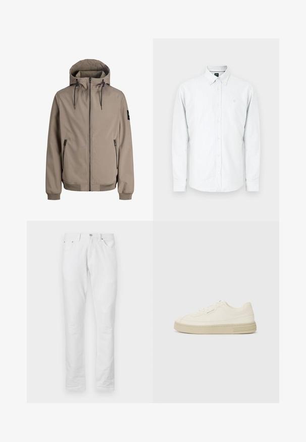 Veste à capuche beige avec fermeture éclair à l'avant, cordons sur la capuche, poches latérales zippées, poignets côtelés et un patch noir sur la manche gauche.; Chemise à rayures bleu clair et blanc, en coton, manches longues, col boutonné, petit logo brodé sur la poitrine.; Pantalon en denim blanc avec une coupe droite. Il comporte cinq poches, une fermeture frontale par bouton et une texture lisse et élégante.; Baskets en toile blanches avec une semelle en caoutchouc texturée, présentant un capuchon de chaussure cousu et un accent de logo sur le talon. Design simple à lacets.