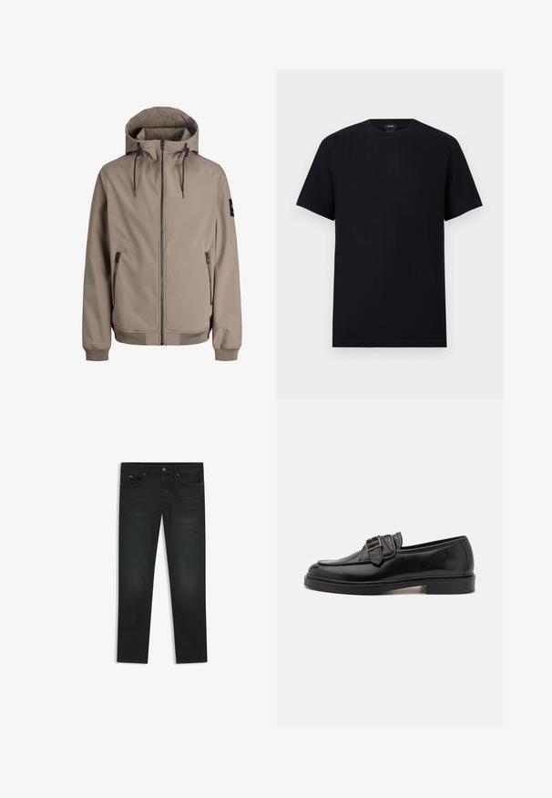 Beige hættejakke med lynlås foran, snoretræk i hætten, lynlåslommer i siden, ribstrikkede ærmeafslutninger og en sort lap på venstre ærme.; Sort T-shirt med korte ærmer og rund hals med subtil, lodret ribbet struktur på en flad, lysegrå baggrund.; Sorte denim jeans med lige ben, der har et klassisk fem-lomme design, lynlås i taljen og subtile syninger.; Sorte læder loafers med rund tå og en dekorativ spændeaccent. Flad, solid hæl og glat tekstur hele vejen igennem.
