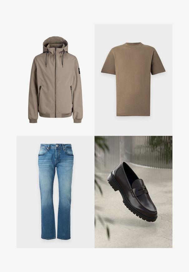 Veste à capuche beige avec fermeture éclair à l'avant, cordons sur la capuche, poches latérales zippées, poignets côtelés et un patch noir sur la manche gauche.; T-shirt en coton marron à manches courtes, col rond et coupe droite. Texture lisse, coutures minimales et pas de logos visibles.; Jean en denim bleu avec un effet délavé, design classique à cinq poches, fermeture par bouton et zip, coupe droite.; Mocassins en cuir marron avec une semelle en caoutchouc texturée et striée. Présente un design épuré et une sangle décorative sur le cou-de-pied.