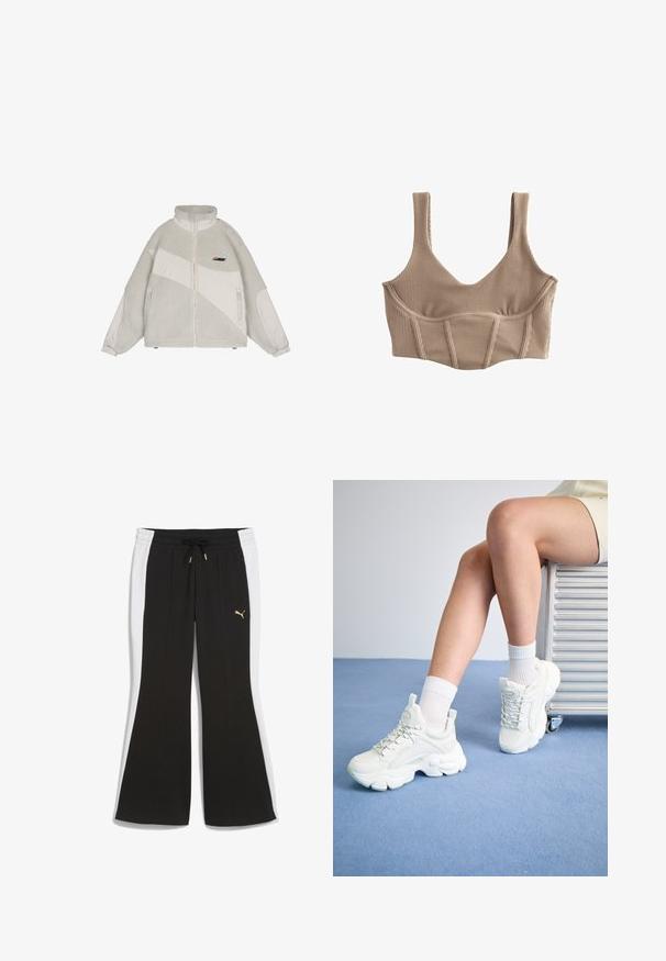 Vaaleanharmaa fleece-takki, jossa täyspitkä vetoketju edessä, korkea kaulus, vinottaiset kangaspaneelit, vetoketjulliset sivutaskut ja joustavat hihansuut.; Beige ribbad topp med breda axelband och djup rundad halsringning, med sömmar för struktur och en texturerad yta.; Musta-valkoiset collegehousut, joissa liehuva malli, kiristysnyörivyötärö ja vasemmalla puolella pieni kultainen Puma-logo.; Valkoiset nauhakenkät, joissa on paksu pohja, sileä synteettinen materiaali, tekstuuriset yksityiskohdat ja vetolenkki kantapäässä.