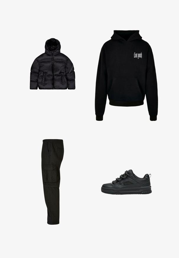 Schwarze Daunenjacke mit abnehmbarer Kapuze, Reißverschluss, zwei Fronttaschen und einer Reißverschlusstasche am Ärmel. Strukturmaterial, isoliert.; Schwarzer Kapuzensweatshirt mit einer vorderen Tasche, versehen mit weißem Text "Lost youth" in der oberen linken Ecke. Aus Baumwollmischung.; Schwarze Cargo-Hosen mit lockerer Passform, elastischem Bund, Seitentaschen und einer großen Cargotasche am Oberschenkel. Weicher, leichter Stoff.; Schwarzer Low-Top-Sneaker mit dicker Sohle, gepolstertem Kragen, Mesh-Einsätzen und kräftigen Schnürsenkeln, dargestellt vor weißem Hintergrund.