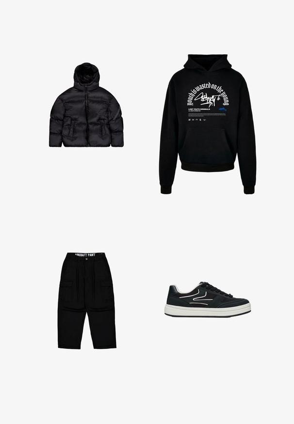 Schwarze Daunenjacke mit abnehmbarer Kapuze, Reißverschluss, zwei Fronttaschen und einer Reißverschlusstasche am Ärmel. Strukturmaterial, isoliert.; Schwarzer Kapuzenpullover mit Fronttasche. Ausgestattet mit fettem weißen Text und Grafikdesign. Hergestellt aus weichem Material, mit gerippten Bündchen und Saumabschlüssen.; Schwarze Cargo-Hose mit Gürtelschlaufen, Frontknopf, Reißverschluss, seitlichen Klappentaschen und dem Aufdruck "AIRCRAFT PANT" am inneren Bund.; Schwarzer Sneaker mit niedriger Schnittform, weißer Sohle, schwarzen Schnürsenkeln und weißem wellenförmigem Design an der Seite, freigestellt auf weißem Hintergrund.
