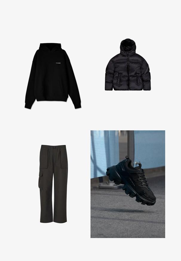 Schwarze Daunenjacke mit abnehmbarer Kapuze, Reißverschluss, zwei Fronttaschen und einer Reißverschlusstasche am Ärmel. Strukturmaterial, isoliert.; Schwarzer Kapuzenpullover mit vorderer Kängurutasche und kleinem weißen "PEGADOR"-Logo auf der Brust, vor weißem Hintergrund präsentiert.; Urban Classics TECHNICAL - Cargohose - black; Schwarzer klobiger Sneaker mit dicker Profilsohle, der über einem grauen Gehweg schwebt, vor einem verschwommenen hellblau-grauen Hintergrund.