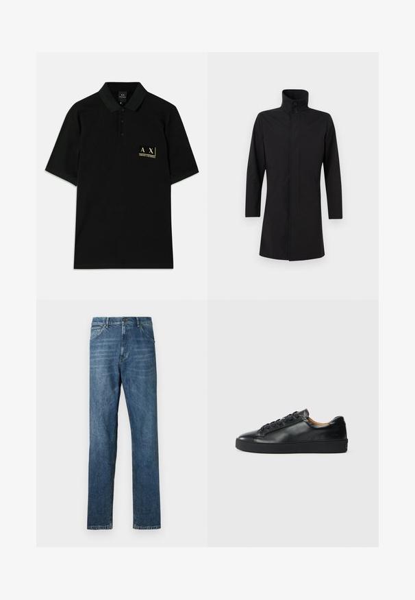 Manteau long noir avec col haut et fermeture à deux boutons, manches longues et fermeture frontale cachée.; Polo-shirt noir en coton, avec un patte de boutonnage à trois boutons et un logo brodé doré sur la poitrine gauche. Manches courtes, coupe classique.; Jeans en denim bleu foncé, design à jambe droite, style à cinq poches, couture visible et fermeture à bouton classique. Effet de délavage léger sur le tissu.; Baskets en cuir noir avec une texture lisse, bout rond et fermeture à lacets. Comprend une semelle en caoutchouc épaisse et un minimum de détails de marque.