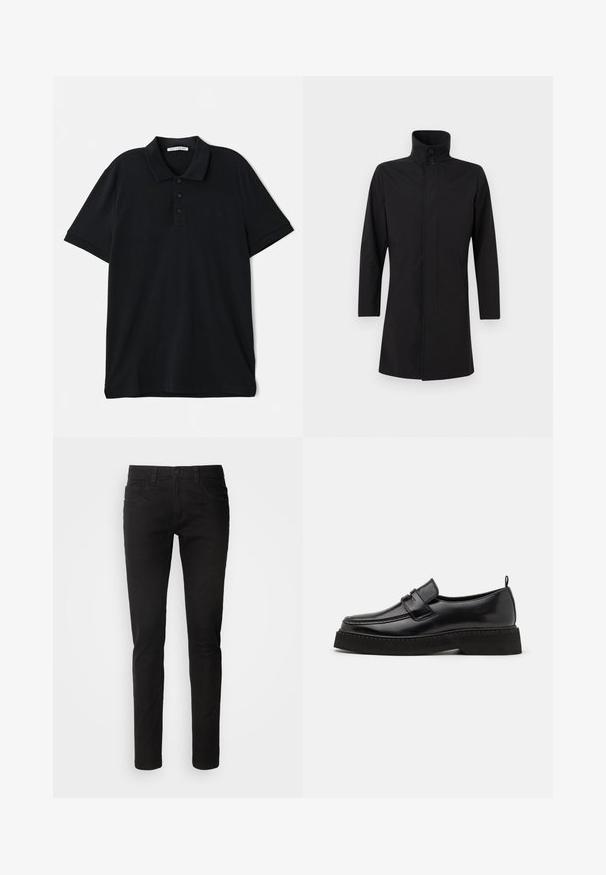 Schwarzer langer Mantel mit hohem Kragen und Zwei-Knopf-Verschluss, langen Ärmeln und verdecktem Frontverschluss.; Schwarzes Poloshirt aus Baumwolle, mit klassischem Kragen, Dreiknopf-Leiste, kurzen Ärmeln und einem dezenten Logo-Detail auf der Vorderseite.; Schwarze Jeans aus Denim im Slim-Fit-Stil, mit einem Fünf-Taschen-Design, Reißverschluss und einer sauberen, glatten Textur. Standard-Taillenumfang mit Gürtelschlaufen.; Schwarze Leder Slipper mit flacher, strukturiertem Sohlen, mit einer gestickten Zehenpartie und einem Riemen über dem Spann.