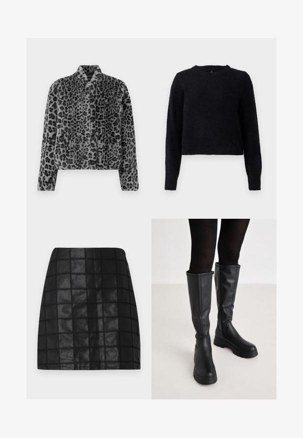 Grå leopardpræget faux fur jakke med et kort design, stående krave og frontlynlås. Teksturen er blød og fyldig med en glat finish.; Sort strikket sweater med lange ærmer, rund halsudskæring og en blød, tekstureret finish. Designet har en cropped snit og ribbet kant.; Sort læder mini-sundskørt med et struktureret gittermønster, der har forhøjede sømme og en slank silhuet. Den glatte overflade fremhæver designet.; Even&Odd by Zalando Plateaustøvler - black