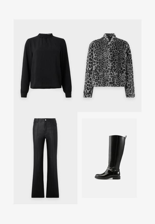 Grijze luipaardprint nepbontjas met een kort ontwerp, staande kraag en ritssluiting aan de voorkant. De textuur is zacht en plush met een glanzende afwerking.; Zwarte blouse met lange mouwen en een mock neck, van een textuurstof, met geplooide details bij de hals en aansluitende manchetten. Eenvoudig, strak ontwerp.; Zwarte flarebroek van glad synthetisch materiaal, met een hoge taille, zijzakken en zichtbare stiknaden langs de benen.; Zwarte kniehoge laarzen van glanzend leer, met een zilveren gespdetail op de enkel en een afgeronde neus. Platte zool.