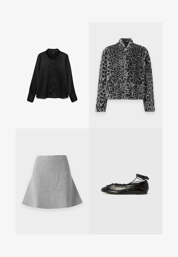 Grå leopardpræget faux fur jakke med et kort design, stående krave og frontlynlås. Teksturen er blød og fyldig med en glat finish.; Sort langærmet skjorte lavet af glat stof, med knaplukning foran, klassisk krave og subtil glans. Skræddersyet pasform med manchetter.; Grå, strikket sømdnederdel med en tekstureret finish. Har en taljeing og en glat silhuet, der smalner ind mod kanten.; Sorte balletflade sko i laklæder med rundet tå, snørelukning og flad sål. Glat tekstur med få detaljer.