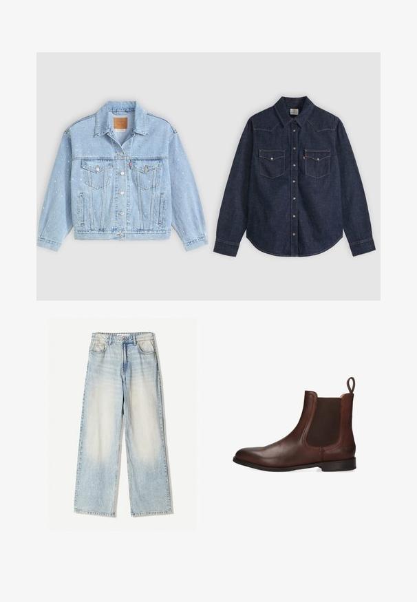 Lyseblå denimjakke med to forlommer, knaplukning og dekoreret med små sølvnitter over overfladen.; Mørkeblå denim skjorte med lange ærmer, spids krave, frontlukning med trykknapper og to brystlommer med knapper samt kontrastsyning.; Lyseblå denimbukser med vid ben, der har fem lommer, subtil falmning og synlige sømme langs kanterne.; Brune læder Chelsea støvle med elastisk sidepanel, trækbånd ved hælen og lav hæl på hvid baggrund.
