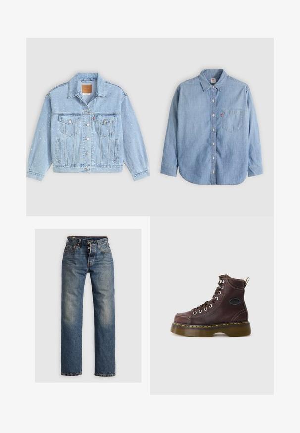 Lyseblå denimjakke med to forlommer, knaplukning og dekoreret med små sølvnitter over overfladen.; Lyseblå denimskjorte med button-down-krave, forlompe og lange ærmer. Har en buet kant og en subtil tekstur.; Blå denimjeans med lige ben, der har synlige sømme, en lynlås, og fem lommer. Udsatte områder tilføjer tekstur.; Brun læder ankelstøvle med tekstureret overflade, sølv øjer og gul syning. Har en kraftig gennemsigtig sål og en trækstrop.