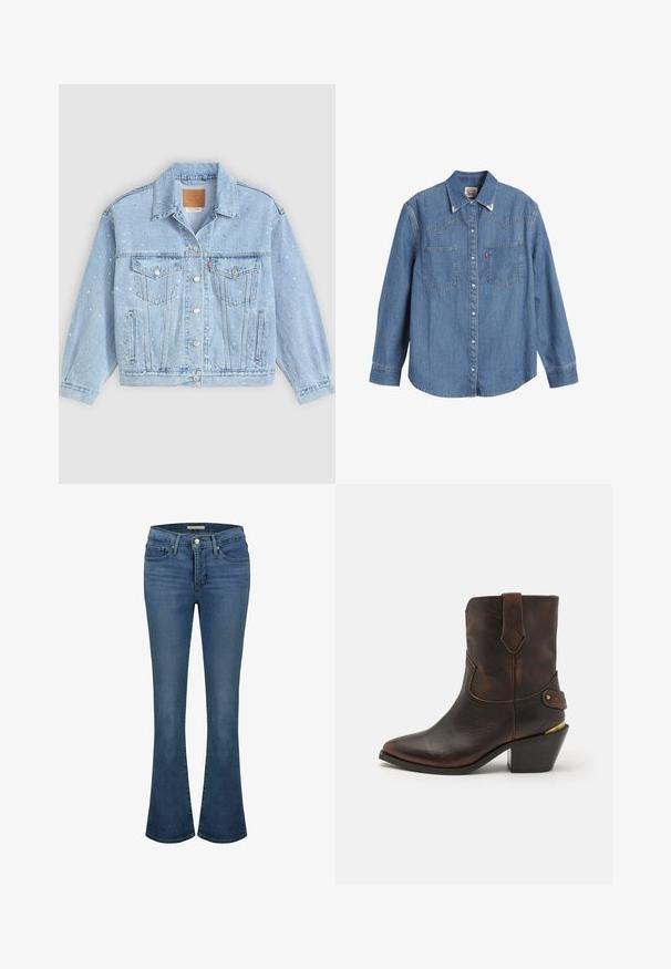 Hellblaues Denim-Jackett mit zwei Fronttaschen, Knopfverschluss und verziert mit kleinen silbernen Nieten auf der Oberfläche.; Hellblaues Denim-Hemd mit langen Ärmeln, spitzem Kragen, zwei Brusttaschen und kontrastierenden Nähten. Verfügt über ein Design mit Westernstil-Yoke.; Blaue Jeans im Flared-Stil mit mittelhoher Taille, ausgestattet mit Ziernähten, zwei vorderen Taschen und einer hinteren Paspeltasche.; Braune Leder-Cowboystiefel mit spitzer Zehe und gestapeltem Absatz. Verfügt über ein dekoratives Diamantmuster und einen Riemen mit Hardware-Akzenten.