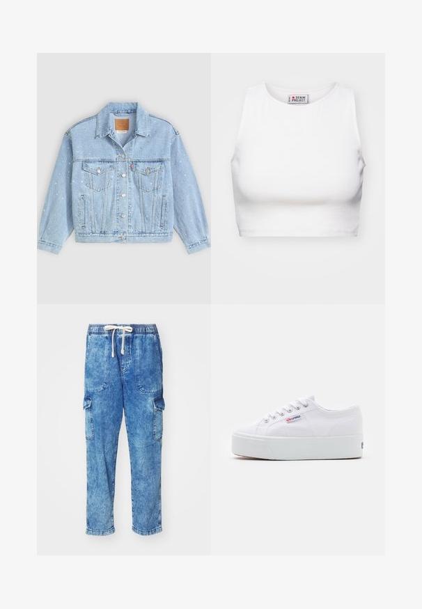 Hele sinine teksajakk, millel on kaks eesmist taskut, nööbiga kinnitamine ja väikeste hõbedaste narmastega kaunistamine pinnal.; Valge lühikeste varrukatega crop tank top, mis on valmistatud soonikkangast. Omab ümarat kaelust ja laiu käeauke. Sildil on nähtav "Denim Project" brändi märge.; Heledad sinised denim cargo püksid elastse vöökohtaga, tõmbluku sulgemine ja kaks külgtaskut. Vasakul jalal on üks cargo tasku.; Valge kangast sneaker paksu valge platvormi tossul, ümmargune nina ja metallist augud nööride jaoks. Brändi logo on küljes.