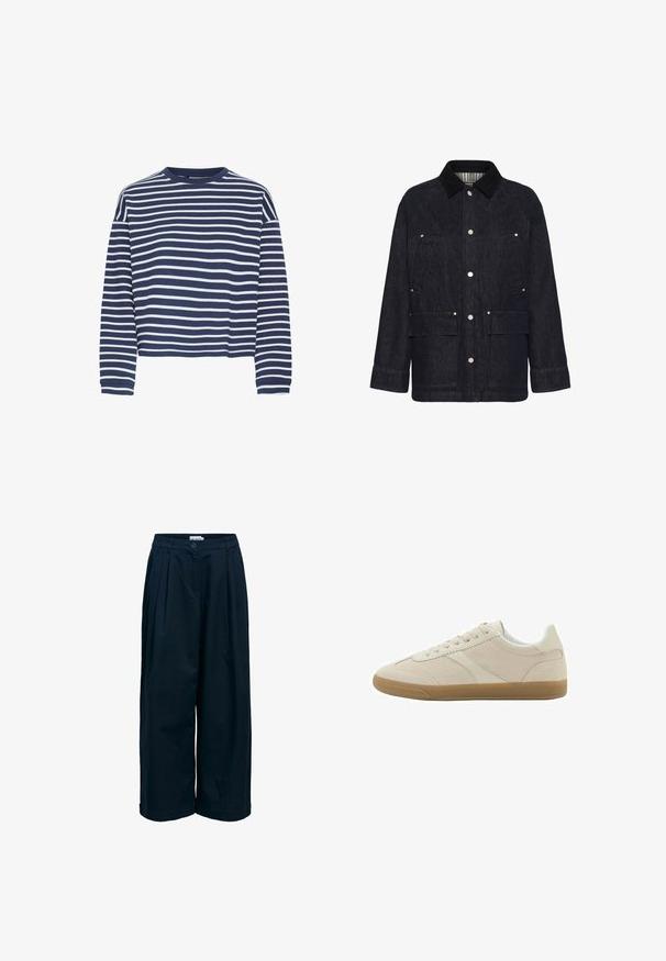 Donkerdenim jacket met een corduroy kraag, drukknoopsluitingen, twee borstzakken en twee onderste zakken. Heeft een rechte snit en nette stiksels.; Donkerblauwe langwerpige top met witte horizontale strepen, ronde hals en cropped zoom. De stof lijkt zacht met een textuur afwerking.; Donkerblauwe wijde cropped broek met knoopsluiting, plooien aan de voorkant en elastische tailleband aan de achterkant.; Beige suède lage sneaker met witte accenten, beige veters en een gumrubberen zool, zijaanzicht op een witte achtergrond.