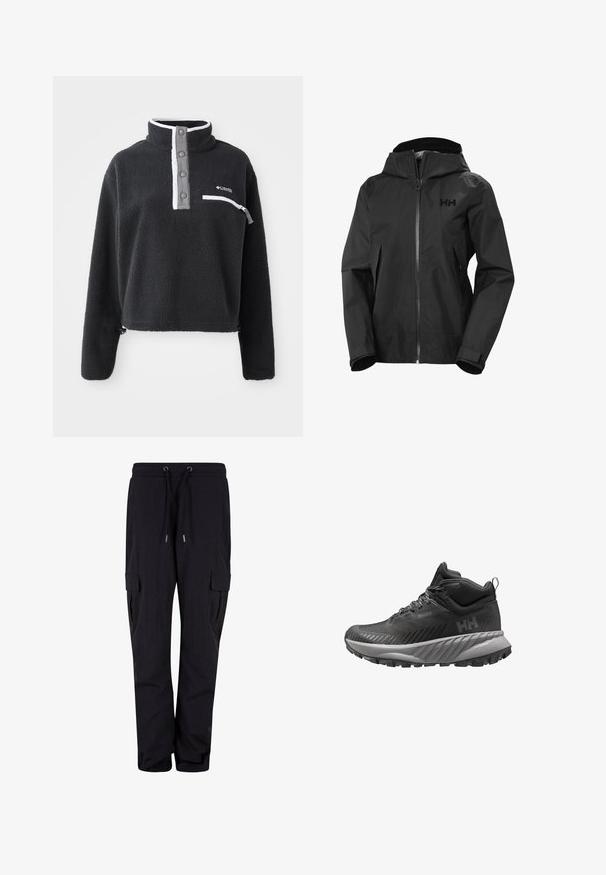 Chaqueta impermeable negra con capucha, cremallera frontal completa, bolsillos laterales y puños ajustables con velcro, con un pequeño logo en el pecho.; Sudadera de forro polar negra con cuello de media cremallera, que presenta un bolsillo en el pecho y acentos en blanco y gris contrastantes. Textura suave, diseño recortado.; Pantalones cargo negros de tejido suave, con cintura elástica y cordones, y bolsillos laterales. Diseño de pierna recta.; Zapato de senderismo impermeable de altura media en color negro, con suela texturizada, cuello acolchado en el tobillo y logotipo "HH" en el lateral.