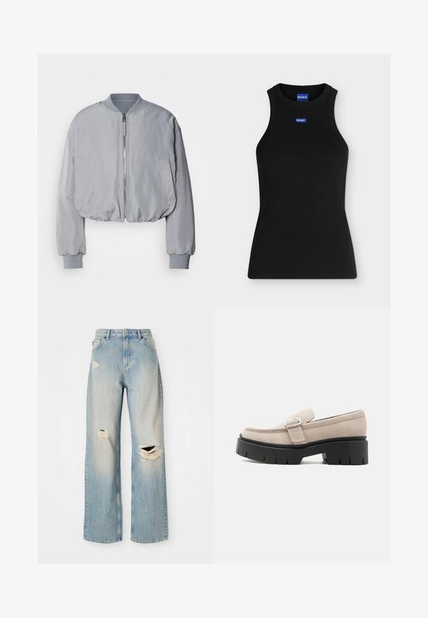 Korte lichtgrijze bomberjack met een geribbelde kraag, ritssluiting aan de voorkant, twee zijzakken en elastische manchetten en zoom. Gladde stofstructuur.; Zwarte mouwloze tanktop met ronde hals en klein blauw Hugo-logo op de borst en aan de binnenkant van de kraag.; Lichtblauwe rechte spijkerbroek met hoge taille, riemlussen en versleten scheuren op de linker bovenbeen, rechterknie en onder linkerpijp.; Beige suède loafer met zilveren gesp en dikke zwarte chunkysouw, zijaanzicht op witte achtergrond.