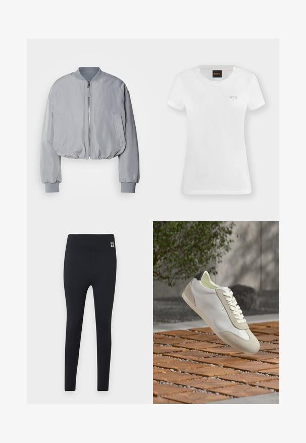 Veste bomber grise claire taillée avec un col côtelé, une fermeture éclair sur le devant, deux poches latérales et des poignets et un ourlet élastiques. Texture de tissu lisse.; T-shirt blanc à manches courtes et col rond avec petit logo doré "BOSS" sur la poitrine gauche et étiquette noire avec texte orange "BOSS" à l'intérieur du col.; Leggings noirs en tissu extensible, dotés d'une taille large, d'une coupe ajustée et d'un petit logo blanc sur la hanche gauche. Texture lisse.; Baskets blanches et beiges décontractées avec détail noir au talon, lacets blancs et logo "BOSS", flottant au-dessus d'un pavé en bois en extérieur.