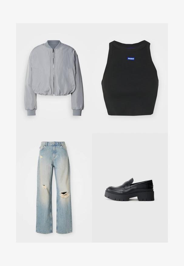 Gekürzte hellgraue Bomberjacke mit geripptem Kragen, Reißverschluss vorne, zwei seitlichen Taschen und elastischen Bündchen und Saum. Glatte Stoffstruktur.; Schwarzes, geripptes Crop Top mit hohem Ausschnitt, das auf der Vorderseite mit einem blauen "HUGO"-Logo versehen ist. Der Stoff ist strukturiert und figurbetont.; Hellblaue, gerade geschnittene Jeans mit hoher Taille, Gürtelschlaufen und ausgefransten Rissen am linken Oberschenkel, rechten Knie und unteren linken Bein.; Schwarzer klobiger Plateau-Schlüpfschuh mit glattem Lederoberteil, dekorativem Riemen und dicker strukturierter Sohle auf weißem Hintergrund.