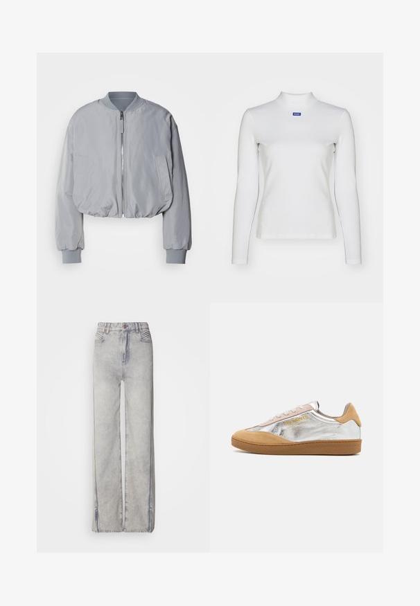 Veste bomber grise claire taillée avec un col côtelé, une fermeture éclair sur le devant, deux poches latérales et des poignets et un ourlet élastiques. Texture de tissu lisse.; Haut à col roulé blanc à manches longues en tissu extensible, avec une coupe ajustée et un petit logo bleu sur la poitrine.; Jean large en denim bleu clair avec un délavage, doté d'une fermeture éclair, de cinq poches et de coutures contrastantes.; Baskets en suède argent et beige avec une semelle en caoutchouc texturée, des lacets beiges et un logo imprimé en jaune sur le côté.