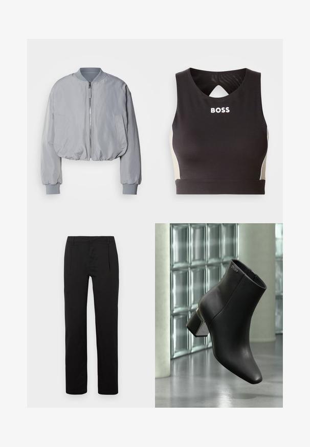 Veste bomber grise claire taillée avec un col côtelé, une fermeture éclair sur le devant, deux poches latérales et des poignets et un ourlet élastiques. Texture de tissu lisse.; Crop top de sport noir avec un dos en clé, présentant l'inscription "BOSS" en blanc et des accents beige sur les côtés. Fabriqué en tissu extensible et lisse.; Pantalon noir à jambes droites, doté d'une texture lisse, de plis à l'avant et d'une ceinture standard. Aucun motif ou accent notable.; Bottine en cuir noir à talon bloc, logo DKNY près du haut, exposée devant un mur en blocs de verre et un sol en béton poli.
